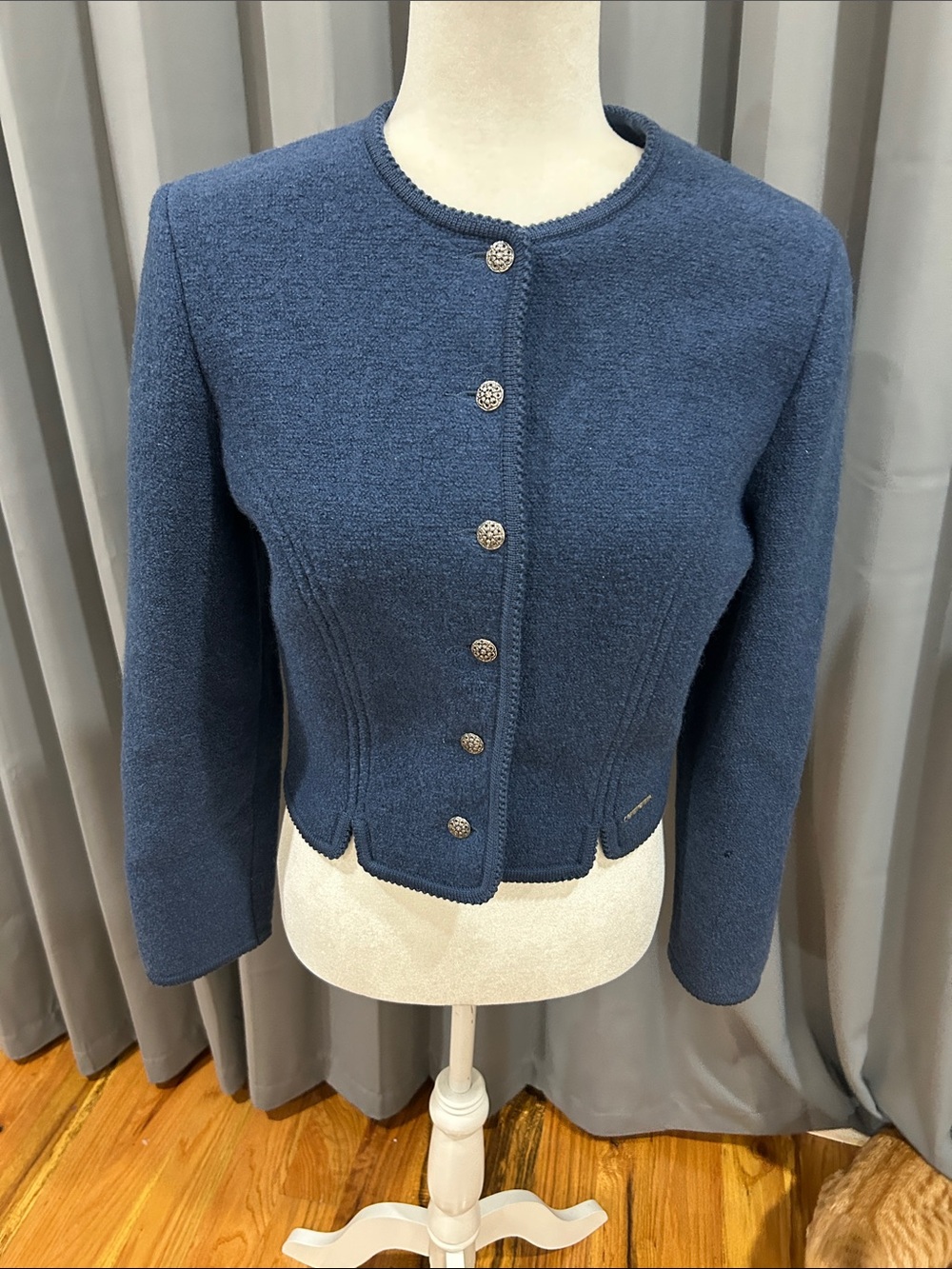 Geiger Blue Cropped Knit Cardigan made in Austria, 100%wool